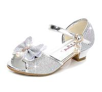 Eleasica Niña Sandalias de Vestir de Tacón Altos Zapatos de Princesa Elsa Antideslizante Hebilla Chicas Zapatos de Vestir Cumpleaños Regalo Navidad Carnaval Moda Cosplay,Plateado,38