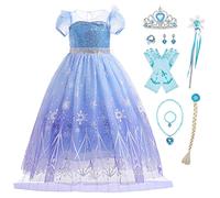 Eleasica Niña Vestido de Princesa Elsa Disfraz para Chica con Accesorios Costume para Fiesta Carnaval Navidad Cumpleaños Reyes 3-8 Años Collar Pulsera Trenza Reina de las Nieves,Azul,120