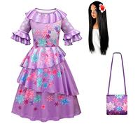 Eleasica Niña Vestido Encanto Isabela Disfraz Princesa Niños Peluca Bolsa Traje Halloween Carnaval Cosplay Navidad Fiesta Cumpleaños Regalo Parte Fancy Dress Manga Corta,Violeta+bolsa+peluca,120