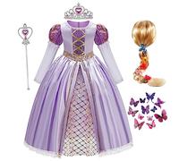 Eleasica Vestido de Princesa Rapunzel para Niña Navidad Regalo Reyes Disfraces para Niños Vestido con Accesorios Peluca Mariposa Extraíble Costume para Halloween Manga Larga,Morado,150