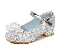 Eleasica Zapato de Lentejuelas con Adorno de Cristal de tacón bajo Princesa Cenicienta para niña Zapatos de Baile Cosplay Princesa Aurora para Regalo Reina Elsa Zapatillas,Plateado,32 EU