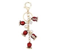 Elechobby Llavero rojo vibrante de flor de granada con colgante de perlas, elegante llavero dorado para mujer, llavero colorido y brillante