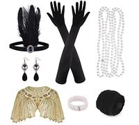 ELECLAND 10 Piezas 1920s Flapper Gatsby Accesorios Set Moda Roaring 20's Theme Set con Diadema Tocado Largo Negro Guantes Collar Pendientes para Mujer (Apricot Gold)