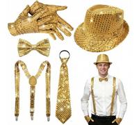 ELECLAND Set de 6 piezas de accesorios disco para hombre estilo años 70 sombrero, pajarita, guantes, corbata y tirantes (Gold)