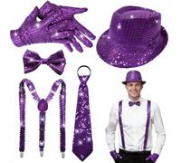 ELECLAND Set de 6 piezas de accesorios disco para hombre estilo años 70 sombrero, pajarita, guantes, corbata y tirantes (Purple)