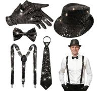 ELECLAND Set de 6 piezas de accesorios disco para hombre estilo años 70 sombrero, pajarita, guantes, corbata y tirantes (Black)