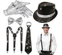 ELECLAND Set de 6 piezas de accesorios disco para hombre estilo años 70 sombrero, pajarita, guantes, corbata y tirantes (Black Sliver)