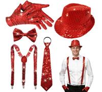 ELECLAND Set de 6 piezas de accesorios disco para hombre estilo años 70 sombrero, pajarita, guantes, corbata y tirantes (Red)