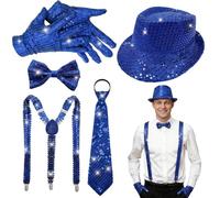 ELECLAND Set de 6 piezas de accesorios disco para hombre estilo años 70 sombrero, pajarita, guantes, corbata y tirantes (Blue)