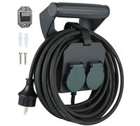 Electraline 01676 Cable alargador 10M para Exteriores IP44, Adecuado para Construcción, Cable de Goma H05RR-F 3G1.5 + suporte con empuñadura ergonómica y 2 Tomas schuko, Negro