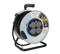 Electraline 208684 - Enrollador eléctrico profesional (25 m, 4 tomas, IP44, con guía para el cable, placa fija y mango ergonómico)