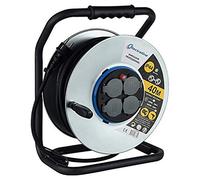 Electraline 208685 Carrete eléctrico Profesional Impermeable IP44 40 m de Goma 3 G2,5 m² para Obras, Metal, 4 Tomas de Corriente, con guía de Cables, Negro