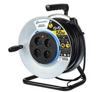 Electraline 208690 - Cable alargador metálico de 50 m con 4 tomas con guía de cable, platino fijo y mango ergonómico, color gris