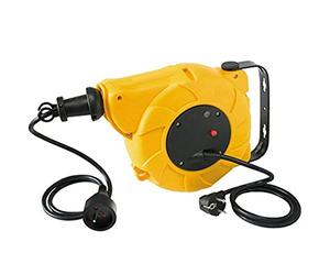 Electraline 209000011- Enrollacables automático de pared, 4 enchufes, interruptor térmico, cable 3G1mm², 16 A, 15 m, color amarillo y negro