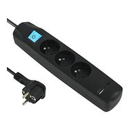 Electraline 35605 - Regleta con 3 enchufes franceses + 2 USB 3.4A 17W A + 1 Tipo C, con Interruptor ON/Off, Enchufe Extra Plano 90° 16A, Cable 1,5M, Negro
