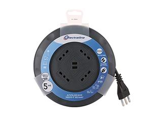 Electraline 49024 Alargador con enrollacables UFO diseño súper Slim 5 m, 4 Tomas bivalentes (10/16 A), Enchufe 16 A, con 2 Tomas USB - Sección 3G1 mm²