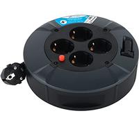 Electraline 49076 Cable Alargador con Enrollacables Domestico 4 M, 4 Tomas Schuko, Cable 4M H05VVF 3G1.0, Negro