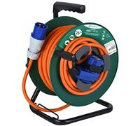 Electraline 49208 Cable Alargador con Enrollacables Industrial de 25M para Campistas, Camping, Caravana,con Doble Toma (1 CEE Industrial+1 Schuko), Enchufe CEE IEC, Cable H07RN-F 3G2.5mm IP44, Verde