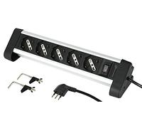 Electraline 61906 - Regleta de Aluminio con 5 plazas polivalentes, Schuko + 10/16 A, 2 Soportes para fijación al Escritorio, Enchufe pequeño 10 A, Negro/Plateado