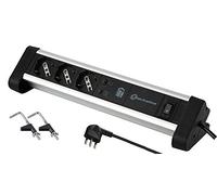 Electraline 61907 - Regleta de 3 plazas multivalentes, Schuko + 10/16 A, 2 65 W, 1 Type C para ordenador + 1 USB 3.0A QuickCharge, soportes de fijación, negro/plata, enchufe