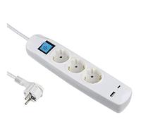 Electraline 62162 Regleta Base Multiple 3 Tomas Schuko + 2 USB 3.4A 17W (1 Tipo A + 1 Tipo C), Interruptor ON/OFF, Clavija Extra Plana Schuko, Cable 1.5M
