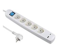 Electraline 62165 Regleta Base Multiple 5 Tomas Schuko + 2 USB 3.4A 17W (1 Tipo A + 1 Tipo C), Interruptor ON/OFF, Clavija Extra Plana Schuko, Cable 1.5M