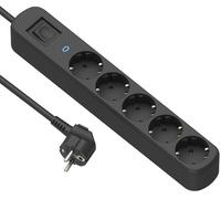 Electraline 62427 Regleta Base Multiple Prima 5 Tomas Schuko 16A, con protección contra sobretensiones + Interruptor ON/Off, Cable 1.5M, Negro