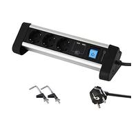 Electraline 62553 Regleta Base Múltiple para Mesa de Trabajo, con 3 Tomas Schuko + 2 Portas USB 2.4A, 2M, Fijacion con 2 Soportes Incluido, Color Metálico