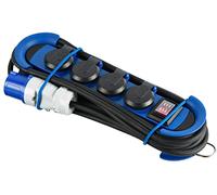 Electraline 62576 Regleta Base Profesional para Exteriores, 4 Tomas Schuko con Enchufe CEE IP44, Colgante con 2 Ganchos, Cable de Goma H07RN-F 3G1.5 de 3M, para campistas, Azul/Negro
