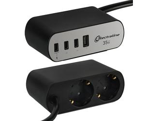 Electraline 62583 Regleta Base Multiple de Escritorio/Mesa de trabajo Electradock 2 Tomas Schuko + 1 USB-A + 3 USB C 35W PD Power Delivery, Cable H05VV-F 3G1.5 Longitud 2M, Enchufe Schuko