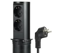 Electraline 62586 Regleta extensible retráctil para escritorio/mesa, toma de corriente empotrada, 2 tomas Schuko, diámetro 60 mm, cable 2 m, enchufe Schuko, carcasa de acero inoxidable negro