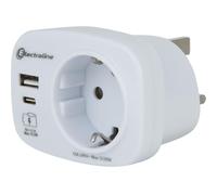Electraline 70037 Adaptador de Viaje para Reino Unido, Enchufe alemán, Enchufe Adaptador para Reino Unido con 2 USB (1 Tipo A 3,1 A + 1 Tipo C) Máx. 15,5 W