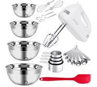 Electric Hand Mixer, 5-Speeds Handhold Mixers with Egg Whisks Beaters Attachments, 6 Stainless Steel Mixing Bowls, Metal Measuring Cups and Spoons Kitchen Mixer Blender for Baking Supplies & Prepping