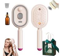 Electric Spray Air Cushion Massage Comb, 3-in-1 Rechargeable Steam Hair Straightener Brush with Nano Mist, Self Cleaning Detangling Hair Brush for Frizz Control and Scalps Care (Pink)