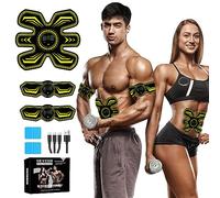 Electroestimulador Muscular Abdominales, EMS Estimulador Abdominal, Abdominales en Casa, Cinturon Electroestimulador Abdominales, 8 Modos y 15 Intensidades, 10 Hidrogeles de Repuesto (Amarillo)