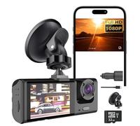 ELECTROMANIA - Dashcam Doble Cámara Coche Full HD con Pantalla y Visión Nocturna, MicroSD 32GB, Cargador USB, Soporte Ventosa, Grabación Bucle, Fácil Instalación, Batería incorporada