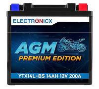 Electronicx AGM Premium YTX14L-BS - Batería de moto 12V 14Ah 200A - Tecnología VRLA - sin mantenimiento, sellada, resistente a fugas y vibraciones - para scooter, quad, ATV y motocicleta
