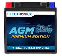 Electronicx AGM YTX14-BS batería de moto 12V 14Ah 200A - batería de arranque AGM fiable, sellada, sin mantenimiento, compacta, resistente a vibraciones - para scooter, quad, cortacésped y moto