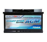 Electronicx batería de coche AGM 75Ah 12V - sellada, protegida contra vibraciones, adecuada para start-stop, batería de arranque de alto rendimiento 750A EN batería AGM 75 Ah para automóvil, compacta