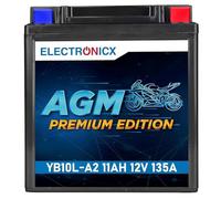 Electronicx batería de moto AGM YB10L-A2 12V 11Ah - batería de arranque sellada sin mantenimiento, tecnología AGM 135A CCA - scooter, quad, ATV - compacta, resistente a vibraciones, lista para usar