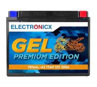 Electronicx batería de moto GEL YB16AL-A2 12V 17Ah - sin mantenimiento, sellada, resistente, 205A alta potencia para motocicleta, scooter, quad, ATV - 206×70×163 mm, tecnología GEL