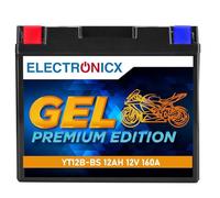 Electronicx, batería de moto GEL YT12B-BS 12V 12Ah 160A - sin mantenimiento, sellada, resistente a vibraciones - para moto, scooter, quad, jetski, ATV - compacta 150 × 70 × 130 mm