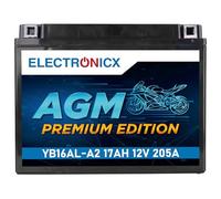 Electronicx YB16AL-A2 AGM 12V 17Ah 205A batería de moto - arranque potente, sellada, sin mantenimiento, para moto scooter quad moto de nieve jetski - 206×70×162 mm