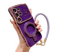 Electroplated Wave Heart Lanyard Phone Case for Samsung 26/25/24/23/22, Curve Double Heart Hard Case for Samsung with 360° Rotating Kickstand (Purple,FOR Galaxy S24U)