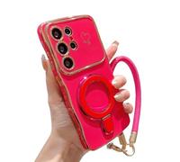Electroplated Wave Heart Lanyard Phone Case for Samsung 26/25/24/23/22, Curve Double Heart Hard Case for Samsung with 360° Rotating Kickstand (Red,FOR Galaxy S25FE)
