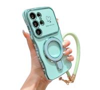 Electroplated Wave Heart Lanyard Phone Case for Samsung 26/25/24/23/22, Curve Double Heart Hard Case for Samsung with 360° Rotating Kickstand (Green,FOR Galaxy S25 Plus)