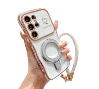 Electroplated Wave Heart Lanyard Phone Case for Samsung 26/25/24/23/22, Curve Double Heart Hard Case for Samsung with 360° Rotating Kickstand (White,FOR Galaxy S23 Plus)