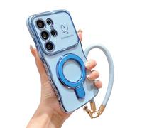 Electroplated Wave Heart Lanyard Phone Case for Samsung 26/25/24/23/22, Curve Double Heart Hard Case for Samsung with 360° Rotating Kickstand (Blue,FOR Galaxy S22U)