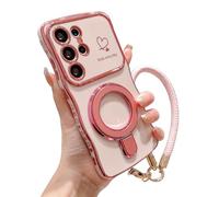 Electroplated Wave Heart Lanyard Phone Case for Samsung 26/25/24/23/22, Curve Double Heart Hard Case for Samsung with 360° Rotating Kickstand (Pink,FOR Galaxy S24)