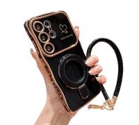 Electroplated Wave Heart Lanyard Phone Case for Samsung 26/25/24/23/22, Curve Double Heart Hard Case for Samsung with 360° Rotating Kickstand (Black,FOR Galaxy S26P)